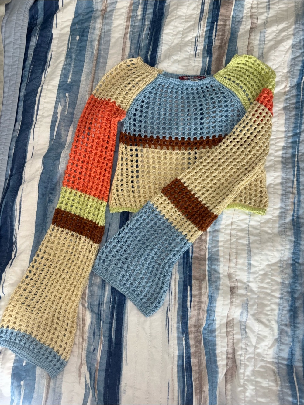 Urban Outfitters Open-Knit Cropped Sweater in Blue, Cream, Coral & Brown
